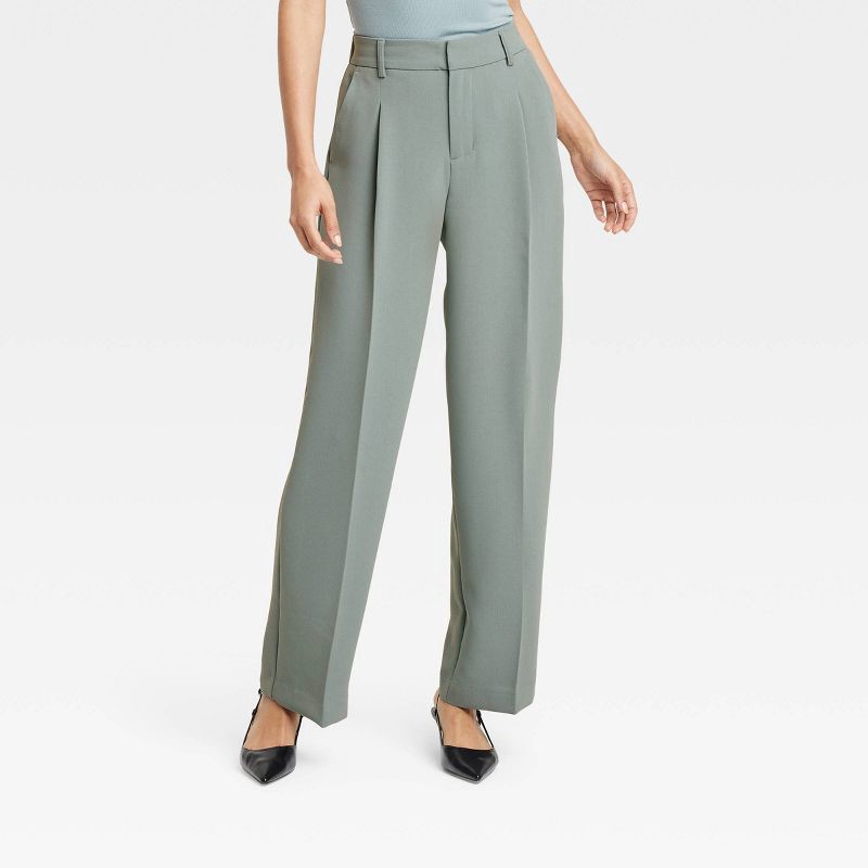 slide 1 of 3, Women's Signature Crepe Essential Trouser - A New Day™ Green 14: High Rise, Straight Leg, Back Elastic, 30.5" Inseam, 1 ct