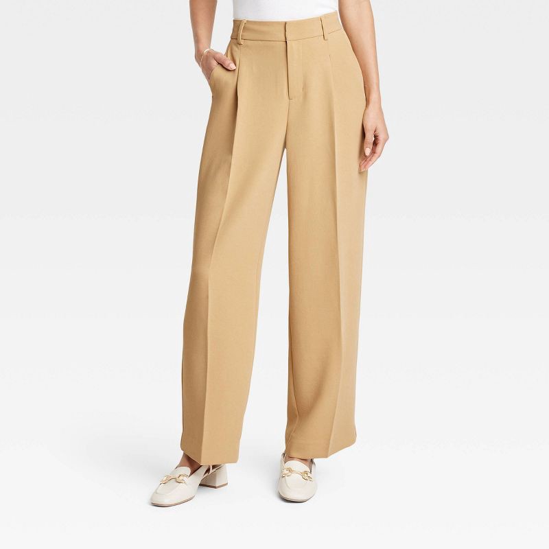 slide 1 of 3, Women's Signature Crepe Essential Trouser - A New Day™ Tan 6: High Rise, Straight Leg, Back Elastic, 30.5" Inseam, 1 ct
