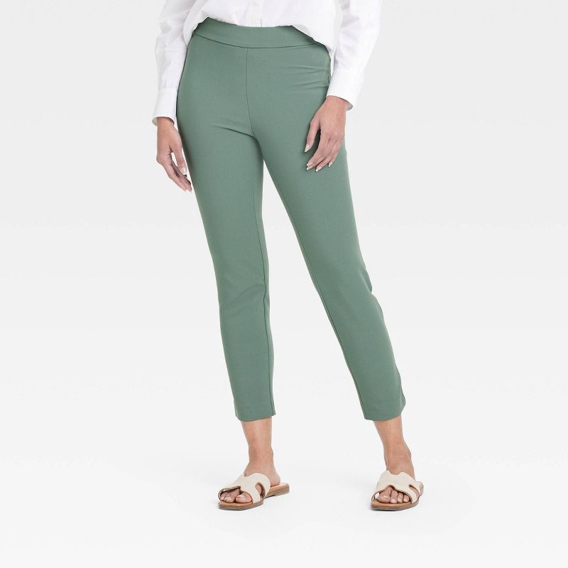 slide 1 of 3, Women's High-Rise Skinny Ankle Pull-On Pants - A New Day™ Olive 8: Recycled Polyester Blend, Slim Straight Fit, Elastic Waistband, 1 ct