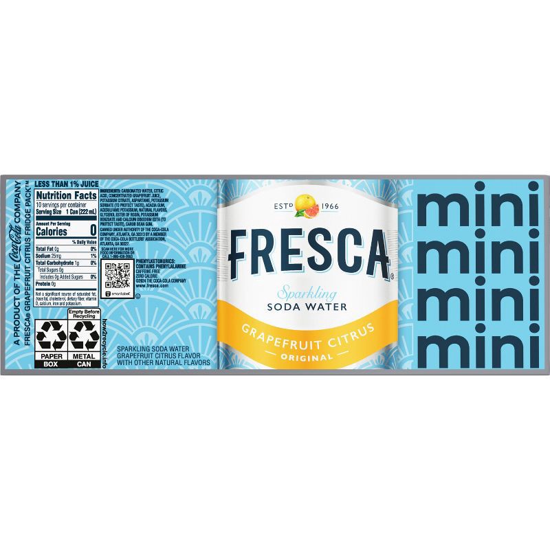 slide 8 of 8, Fresca Grapefruit Citrus Sparkling Soda Water - 10pk/7.5 fl oz Mini-Cans, 10 ct; 7.5 fl oz