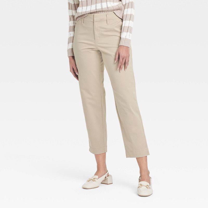 slide 1 of 3, Women's High-Rise Tapered Ankle Chino Pants - A New Day™ Tan 14: Cotton-Spandex, Relaxed Fit, Belt Loops, 1 ct