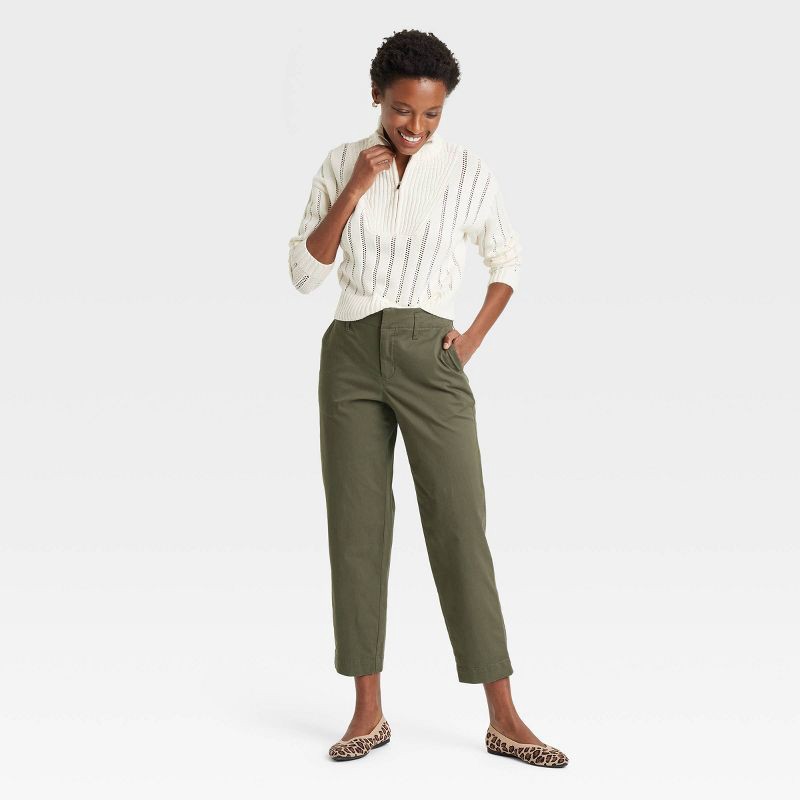 slide 3 of 3, Women's High-Rise Tapered Ankle Chino Pants - A New Day™ Olive 2: Relaxed Fit, Cotton-Spandex Blend, 27.5" Inseam, Fly Hook Closure, 1 ct