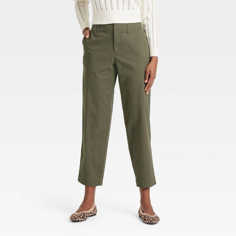slide 1 of 3, Women's High-Rise Tapered Ankle Chino Pants - A New Day™ Olive 12: Cotton-Spandex, Relaxed Fit, Belt Loops, 1 ct