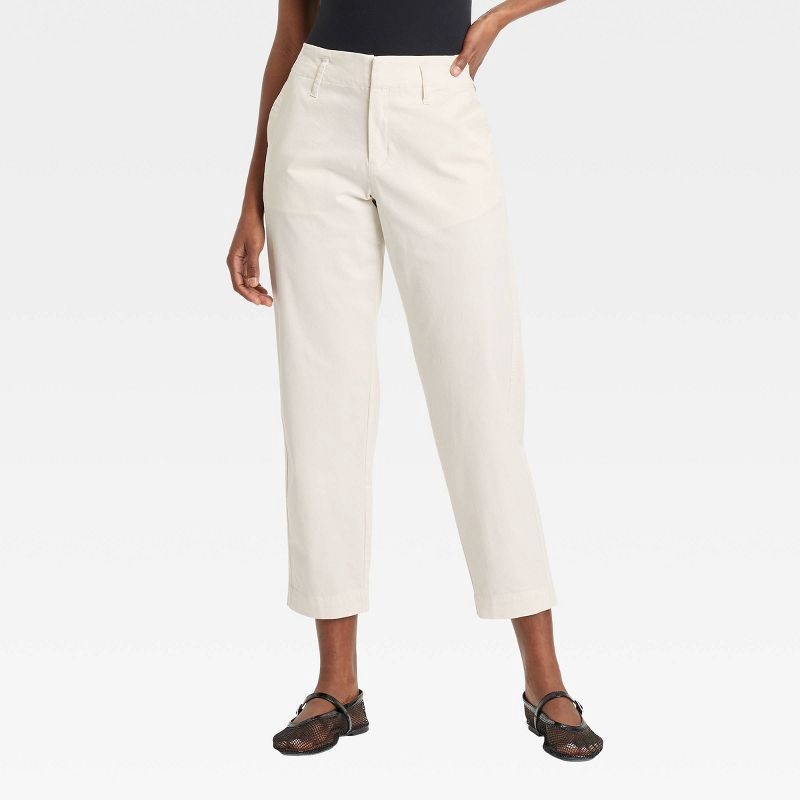 slide 1 of 3, Women's High-Rise Tapered Ankle Chino Pants - A New Day™ Off-White 2: Cotton Spandex, Relaxed Fit, Belt Loops, 1 ct