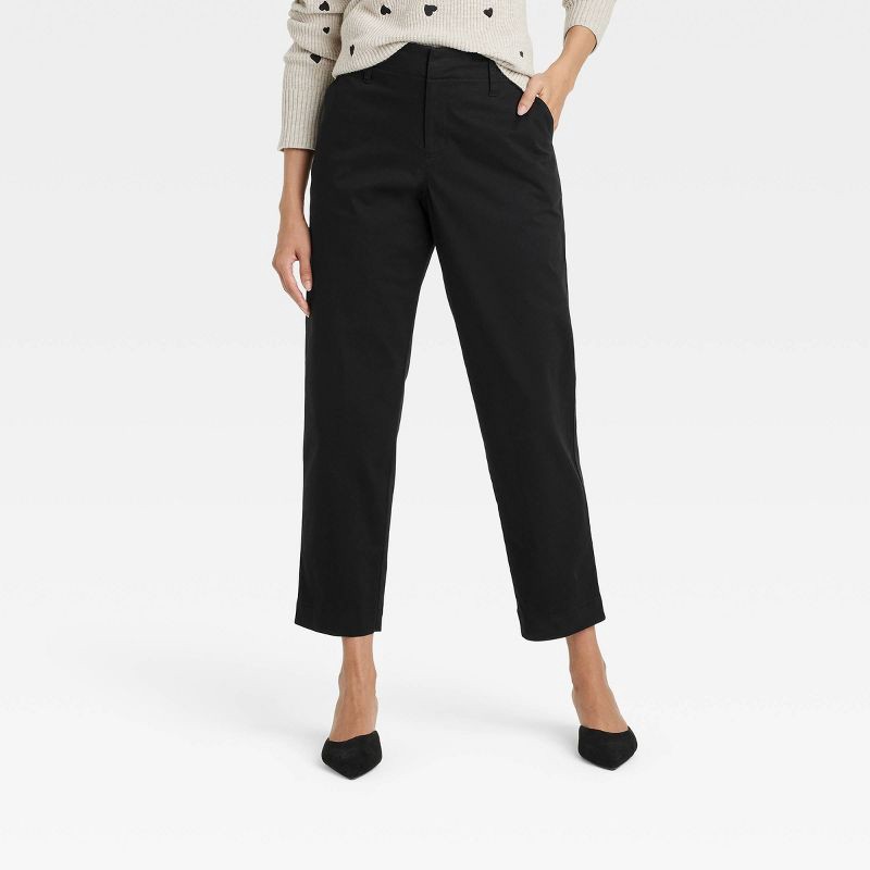 slide 1 of 3, Women's High-Rise Tapered Ankle Chino Pants - A New Day™ Black 2: Cotton-Spandex Blend, Relaxed Fit, 27.5" Inseam, 1 ct