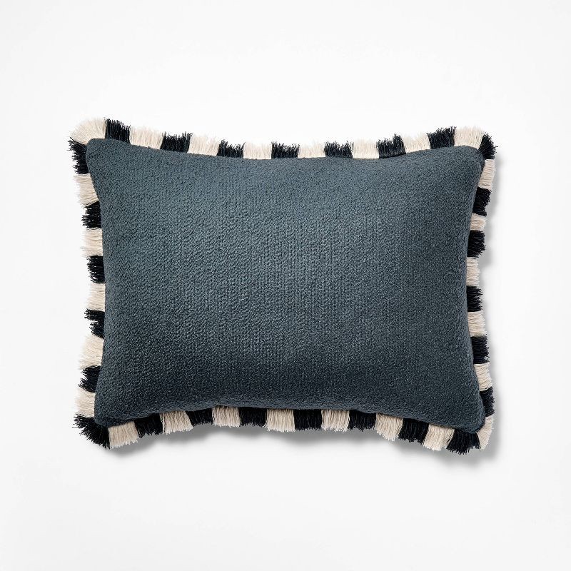 slide 1 of 3, Threshold designed w/Studio McGee 14"x20" Solid Texture Lumbar Throw Pillow with Stripe Fringe Navy - Threshold™ designed with Studio McGee, 1 ct