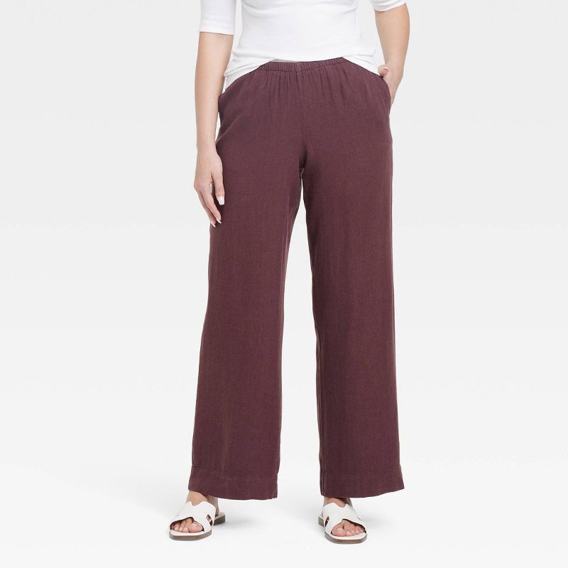 slide 1 of 3, Women's Mid-Rise Wide Leg Linen Pull-On Pants - A New Day™ Brown XS: Adjustable Waistband, Seam Pocket, 1 ct