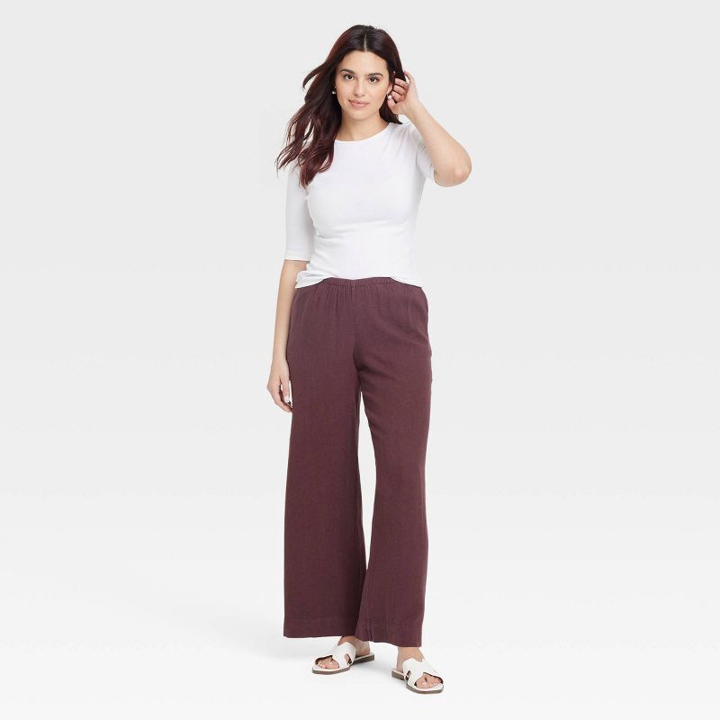 slide 3 of 3, Women's Mid-Rise Wide Leg Linen Pull-On Pants - A New Day™ Brown M: Seam Pocket, Adjustable Waistband, 30.5" Inseam, 1 ct