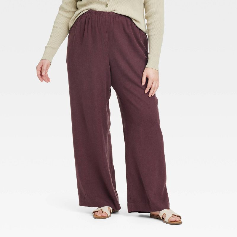 slide 1 of 3, Women's Mid-Rise Wide Leg Linen Pull-On Pants - A New Day™ Brown XXL: Seam Pocket, Adjustable Waistband, 1 ct