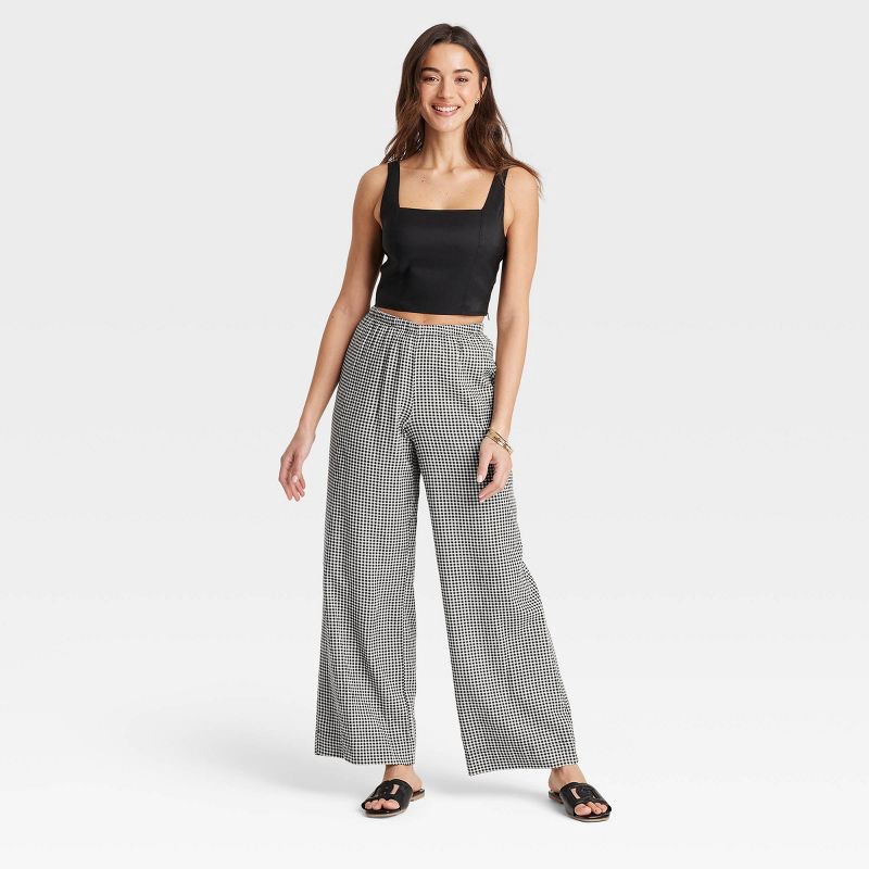 slide 3 of 3, Women's Mid-Rise Wide Leg Linen Pull-On Pants - A New Day™ Black Gingham Check S: Seam Pocket, Adjustable Waistband, 30.5" Inseam, 1 ct