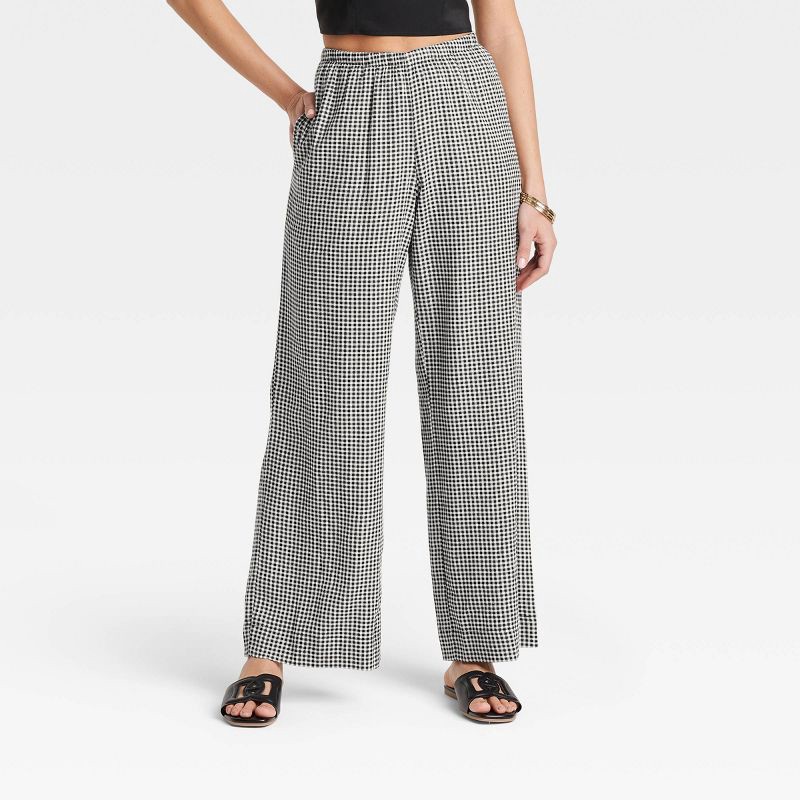 slide 1 of 3, Women's Mid-Rise Wide Leg Linen Pull-On Pants - A New Day™ Black Gingham Check S: Seam Pocket, Adjustable Waistband, 30.5" Inseam, 1 ct
