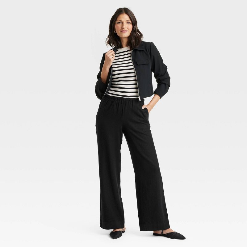 slide 3 of 3, Women's Mid-Rise Wide Leg Linen Pull-On Pants - A New Day™ Black L: Seam Pocket, Adjustable Waistband, 30.5" Inseam, 1 ct