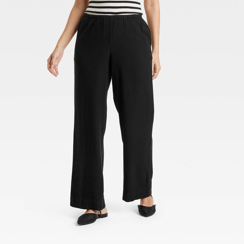 slide 1 of 3, Women's Mid-Rise Wide Leg Linen Pull-On Pants - A New Day™ Black L: Seam Pocket, Adjustable Waistband, 30.5" Inseam, 1 ct