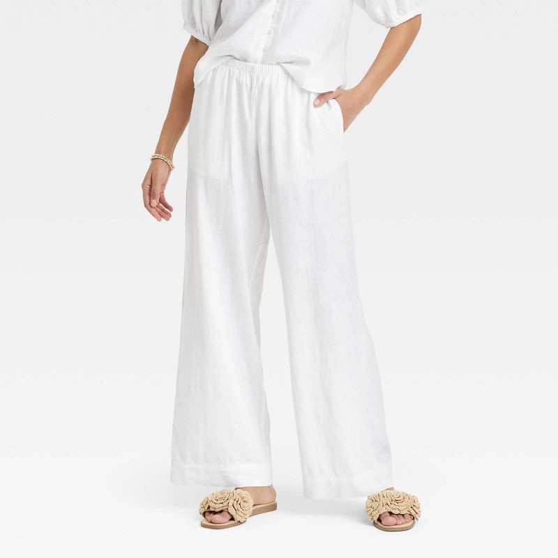 slide 1 of 3, Women's Mid-Rise Wide Leg Linen Pull-On Pants - A New Day™ White M: Seam Pocket, Adjustable Waistband, Canvas, 1 ct