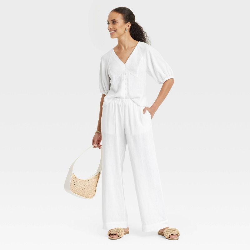 slide 3 of 3, Women's Mid-Rise Wide Leg Linen Pull-On Pants - A New Day™ White XL: Seam Pocket, Adjustable Waistband, 1 ct