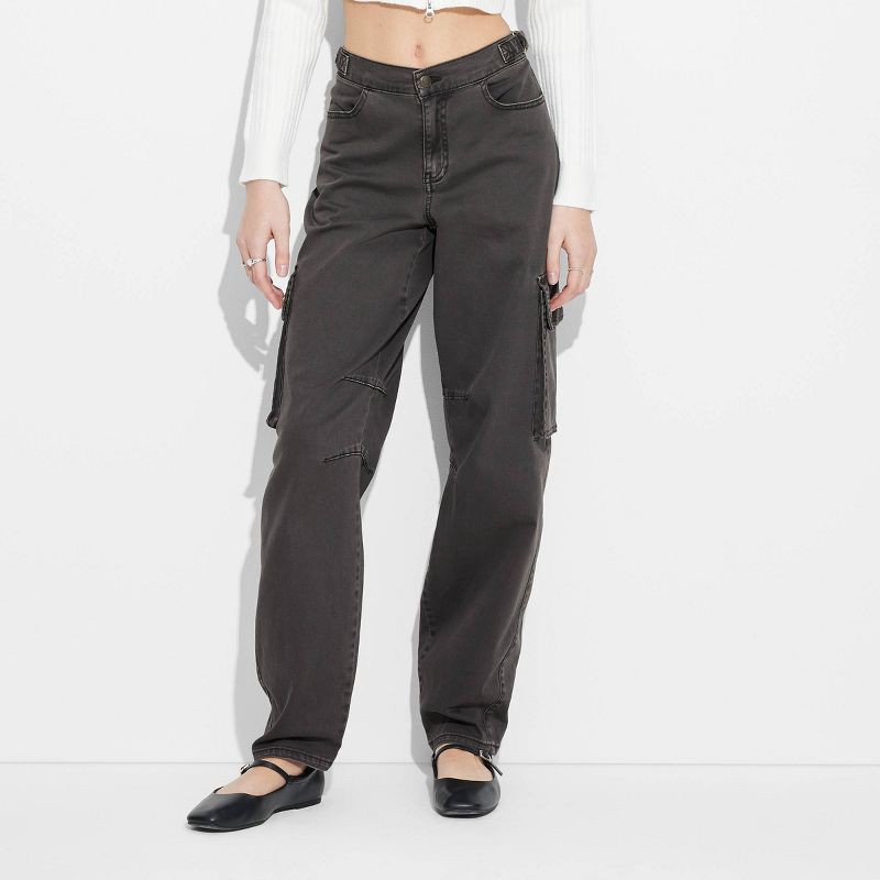 slide 2 of 4, Women's Mid-Rise Barrel Cargo Pants - Wild Fable™ Black M: Relaxed Fit, Stretch, Woven Fabric, 1 ct