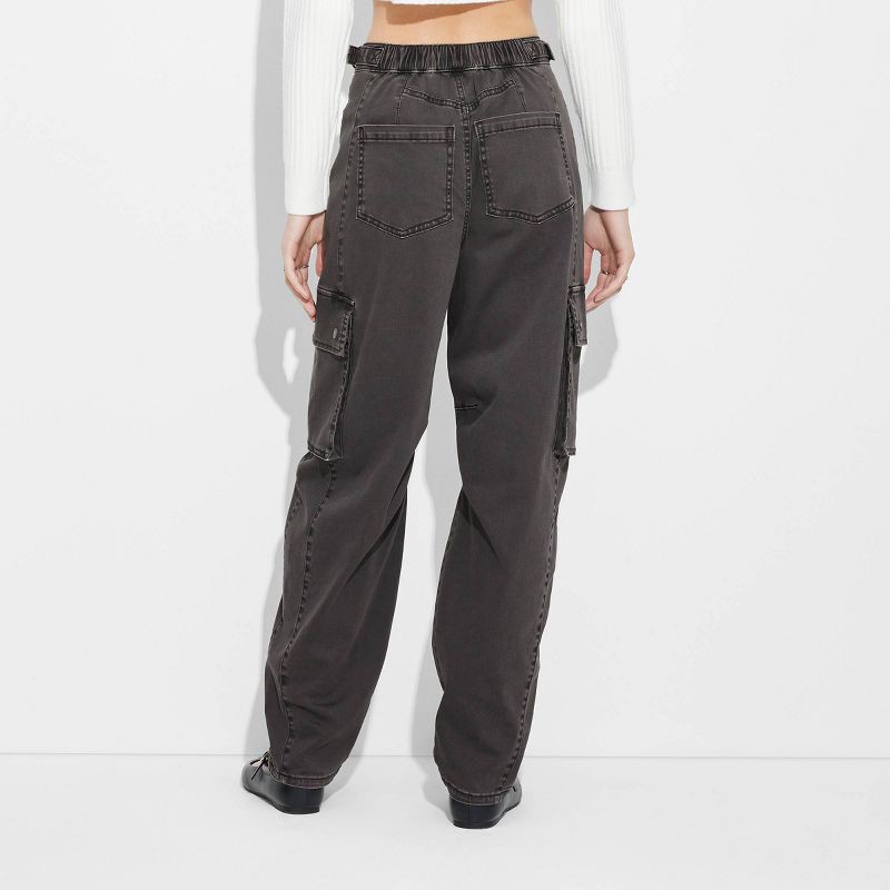 slide 3 of 4, Women's Mid-Rise Barrel Cargo Pants - Wild Fable™ Black M: Relaxed Fit, Stretch, Woven Fabric, 1 ct