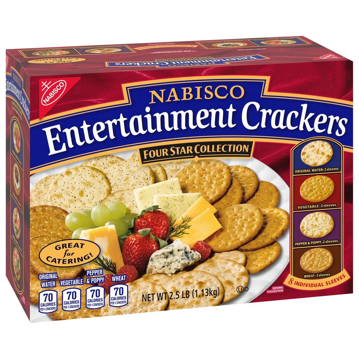 slide 14 of 14, Nabisco Entertainment Crackers Variety Pack, Original Water, Vegetable, Pepper & Poppy, Wheat, 8 Individual Sleeves, 2 lb 8 oz, 40.2 oz