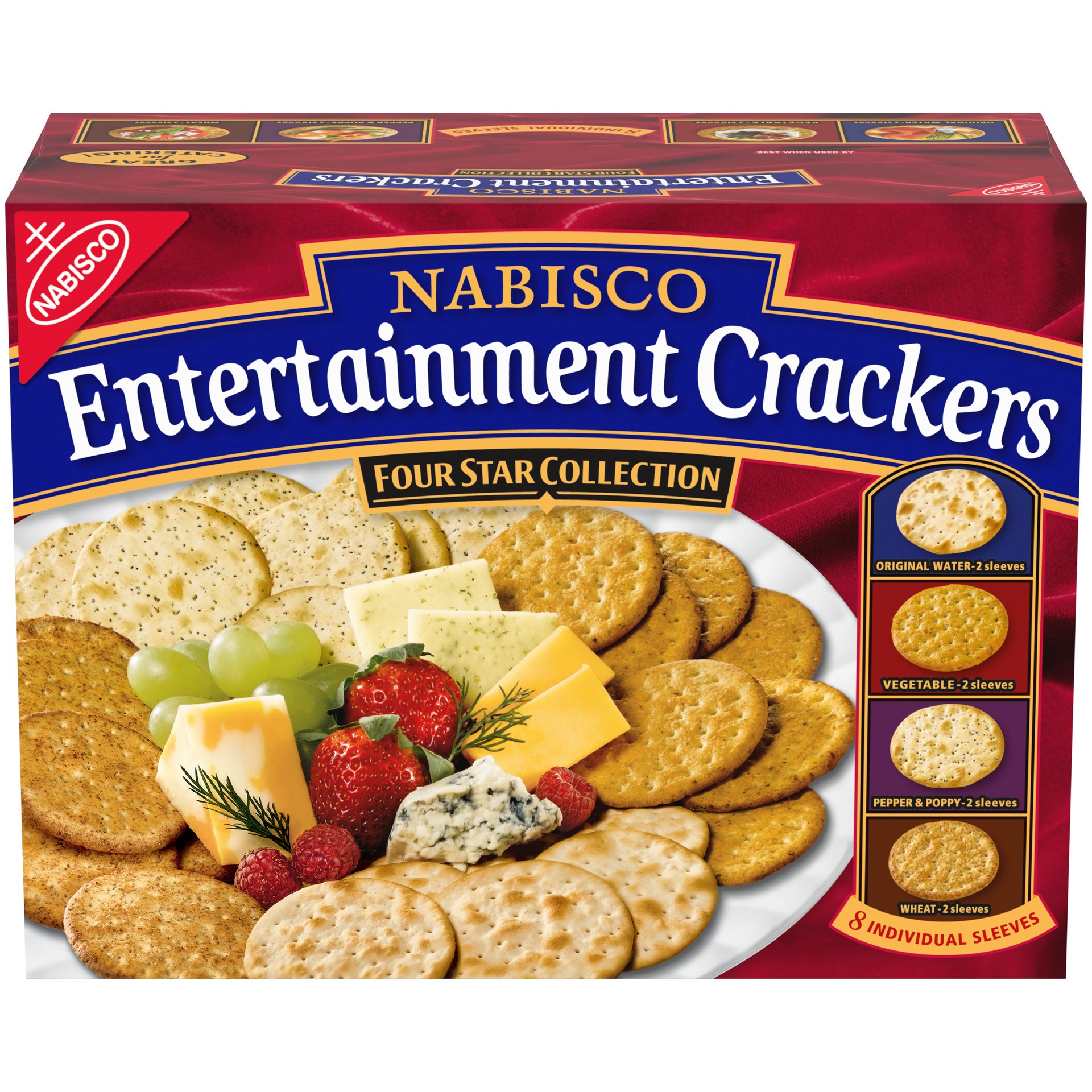 slide 1 of 14, Nabisco Entertainment Crackers Variety Pack, Original Water, Vegetable, Pepper & Poppy, Wheat, 8 Individual Sleeves, 2 lb 8 oz, 40.2 oz