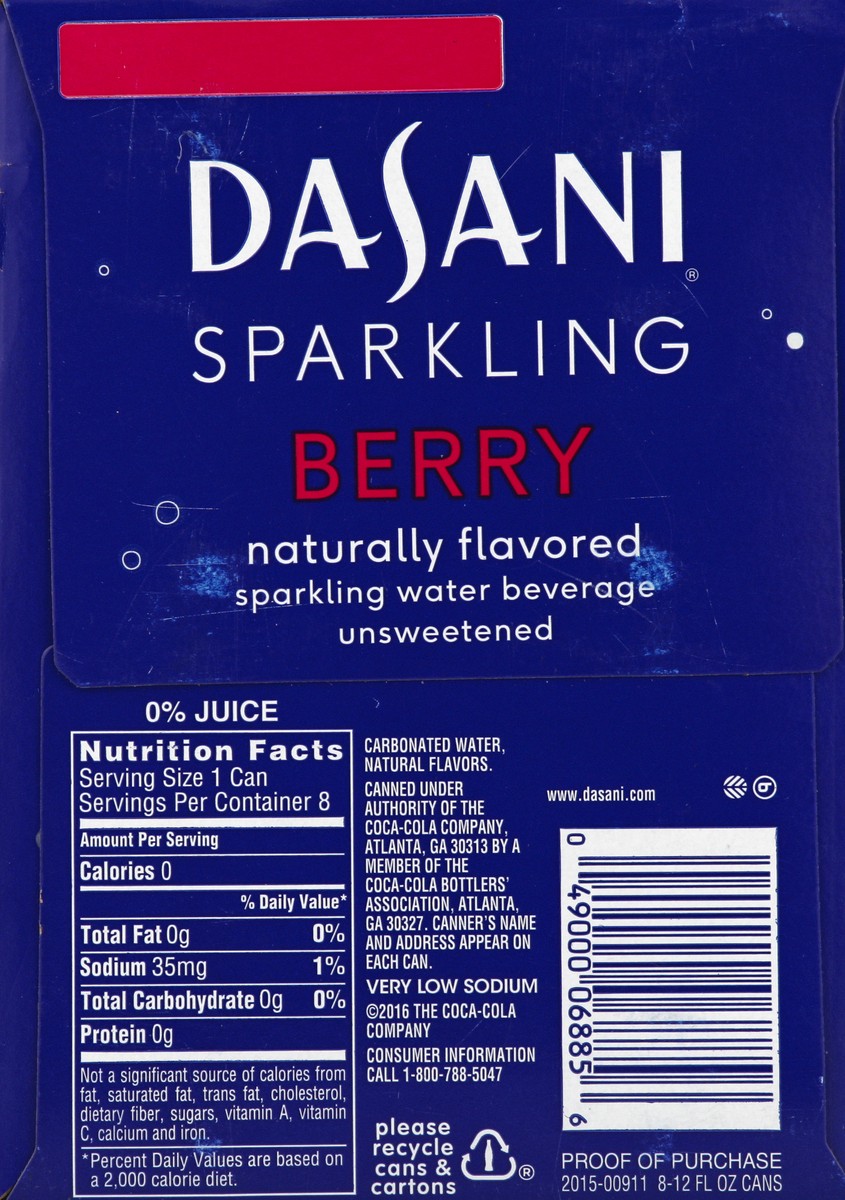 slide 4 of 6, DASANI Sparkling Water Berry Zero Calories, 12 fl oz, 8 Pack, 8 ct; 12 fl oz