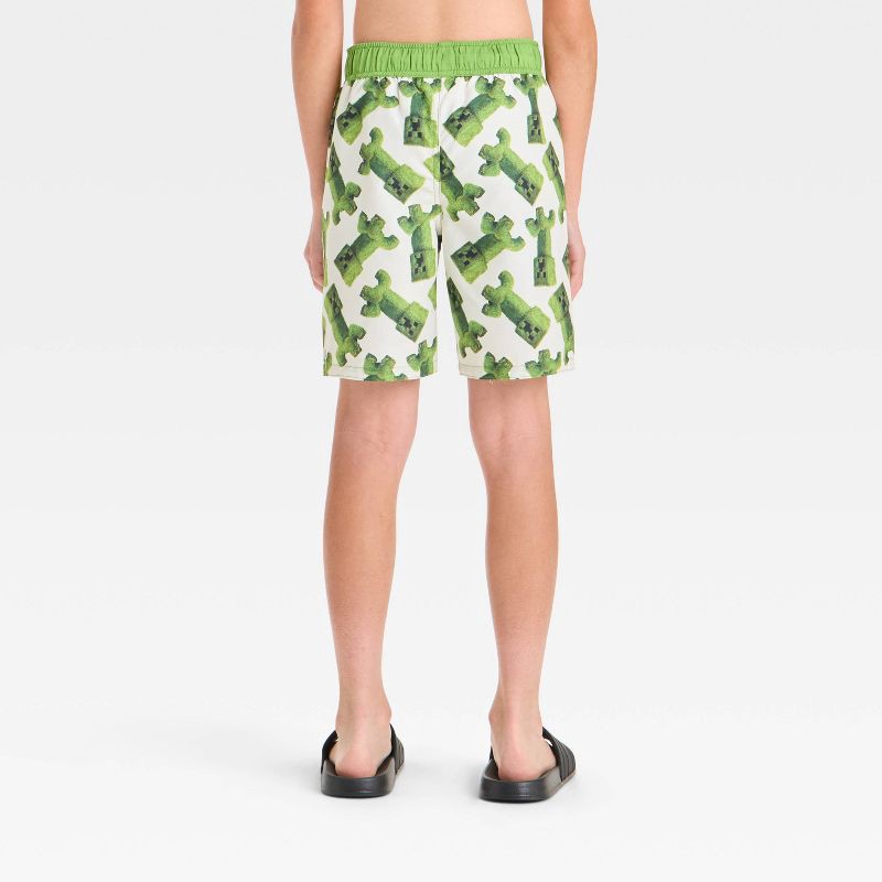 slide 2 of 3, Boys' Minecraft Movie Art Swim Shorts - White/Green S: UPF 50+ Microfiber Board Shorts, 1 ct
