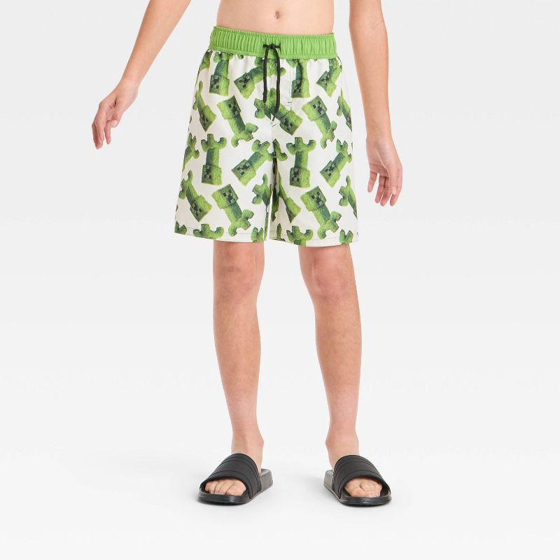 slide 1 of 3, Boys' Minecraft Movie Art Swim Shorts - White/Green S: UPF 50+ Microfiber Board Shorts, 1 ct