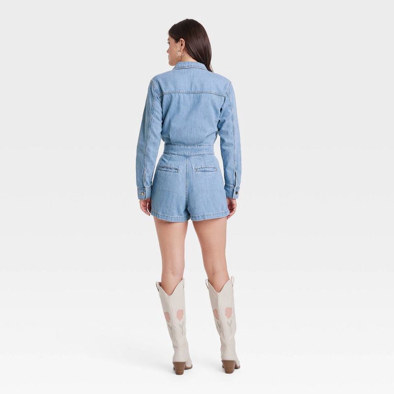 slide 2 of 3, Women's Long Sleeve Denim Romper - Universal Thread™ Medium Wash 6: Cotton Blend, Adjustable Waistband, Pockets, Collared, 1 ct