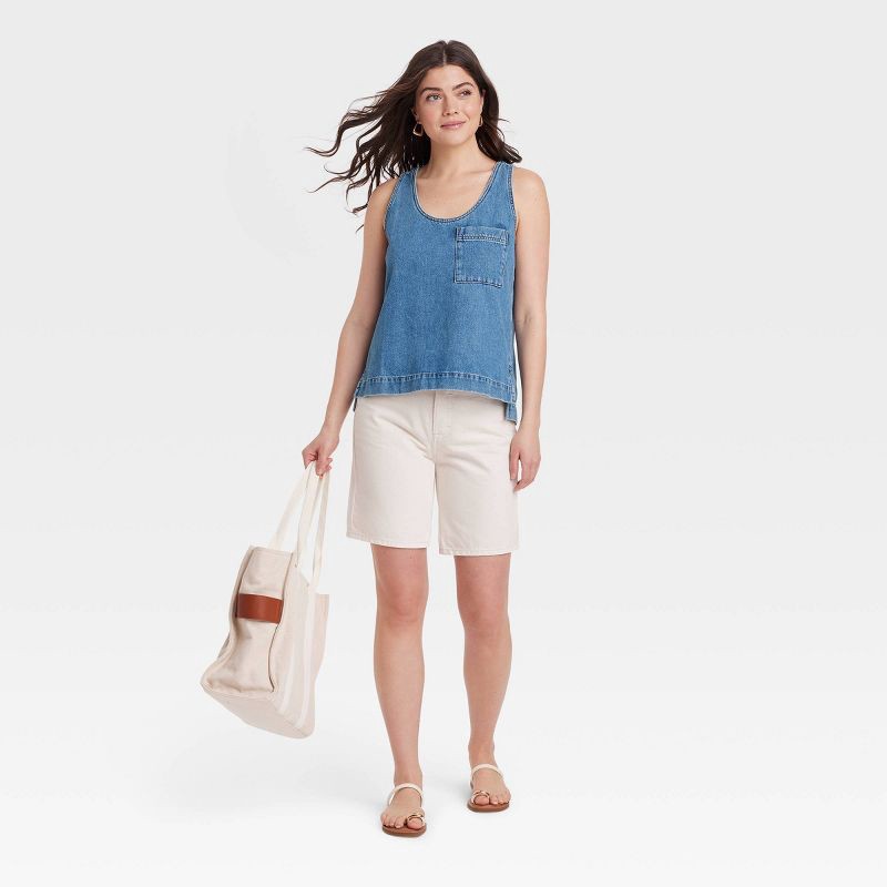 slide 3 of 3, Women's Denim Tank Top - Universal Thread™ Medium Wash XS: Scoopneck, Front Pocket, Midweight Fabric, 1 ct