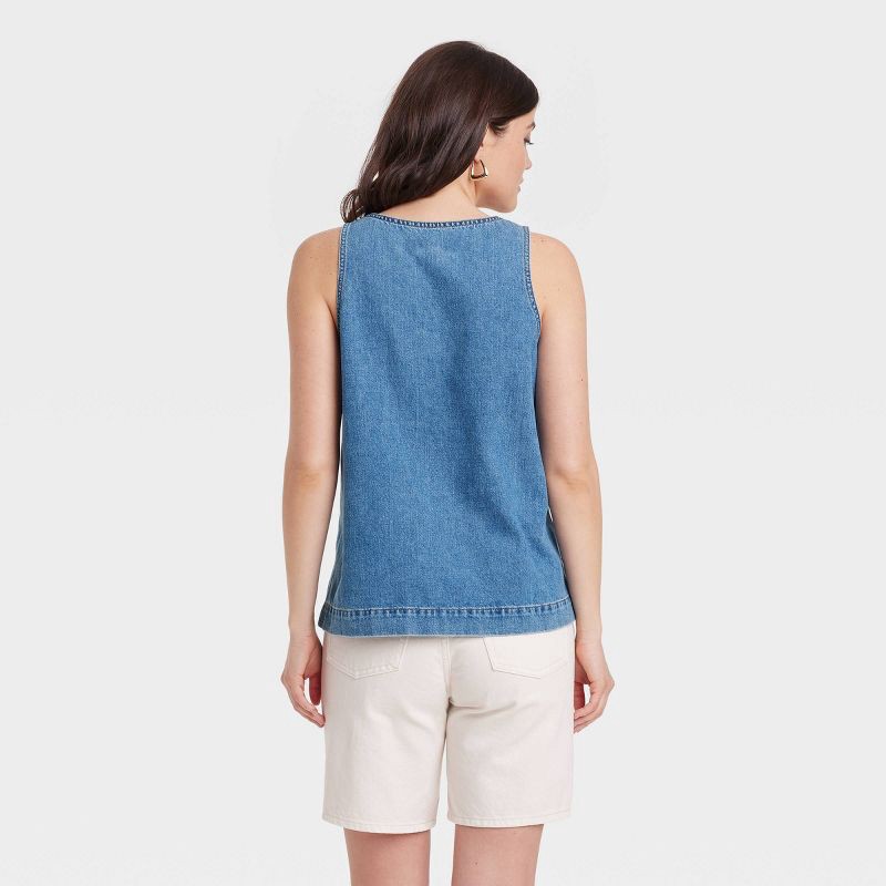 slide 2 of 3, Women's Denim Tank Top - Universal Thread™ Medium Wash M: Cotton Lyocell Blend, Scoopneck, Front Pocket, 1 ct