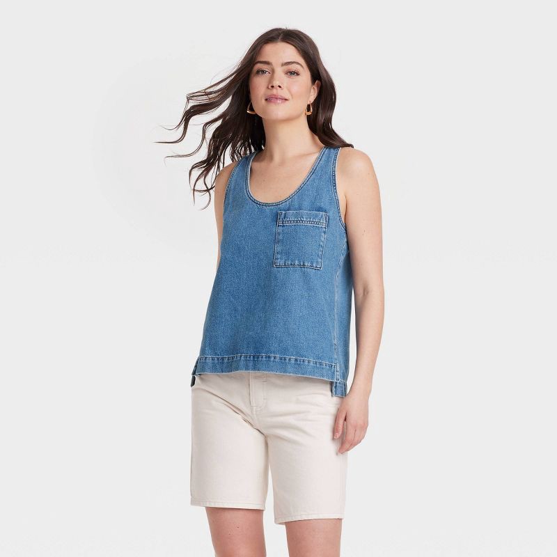 slide 1 of 3, Women's Denim Tank Top - Universal Thread™ Medium Wash L: Cotton Lyocell Blend, Scoopneck, Front Pocket, 1 ct