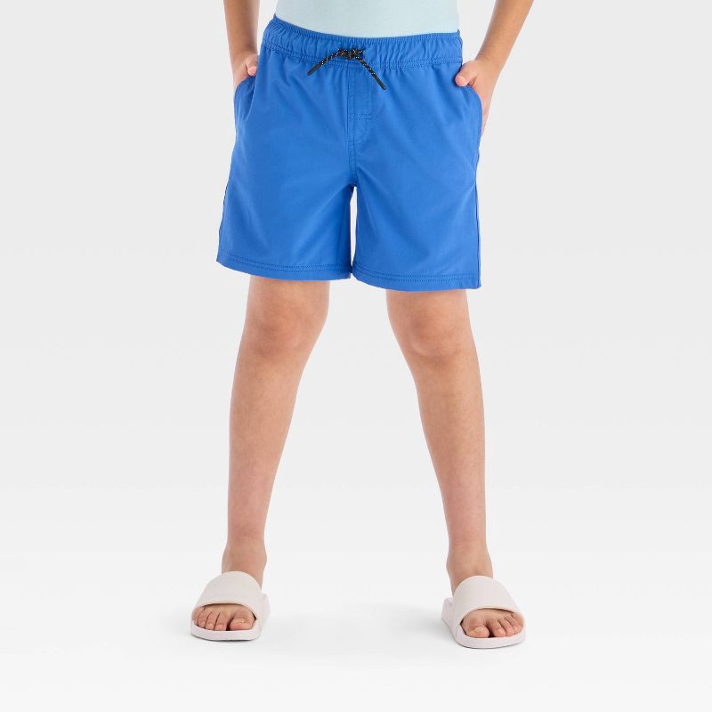 slide 1 of 3, Boys' Quick Dry 'Above the Knee' Pull-On Shorts - Cat & Jack™ Blue S: Lightweight Poplin, Mid Rise, Drawstring, 1 ct