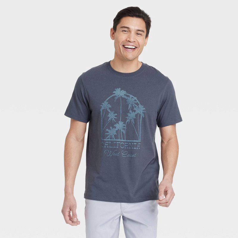 slide 1 of 3, Men's Short Sleeve Graphic T-Shirt - Goodfellow & Co™ Slate Gray S: Cotton Blend, Recycled Polyester, Crew Neck, Botanical Pattern, 1 ct