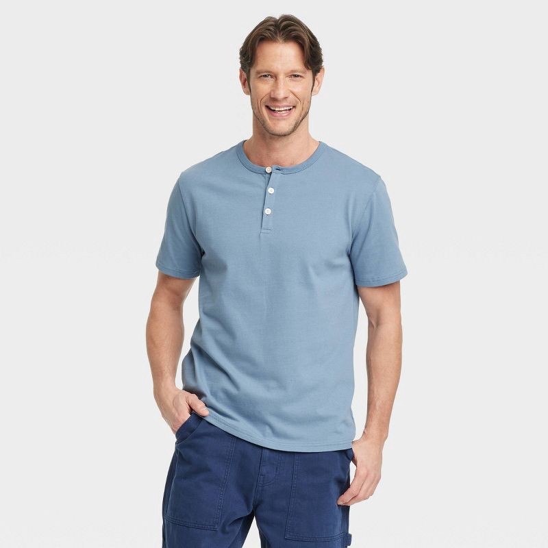 slide 1 of 3, Men's Vintage Short Sleeve Henley Shirt - Goodfellow & Co™ Blue M: 100% Cotton, Midweight Jersey, Standard Fit, Pullover, 1 ct