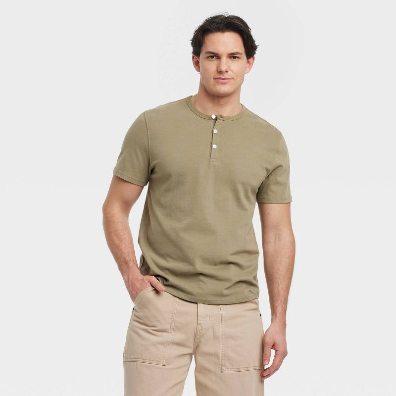slide 1 of 3, Men's Vintage Short Sleeve Henley Shirt - Goodfellow & Co™ Olive Green M: Cotton, Midweight, Standard Fit, Pullover, 1 ct