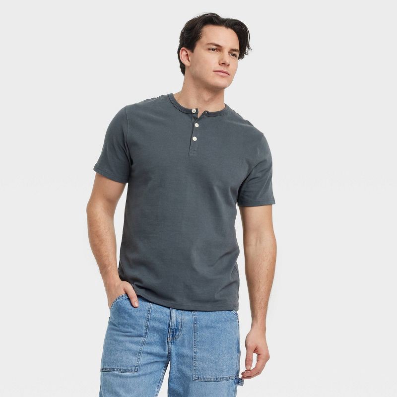 slide 1 of 3, Men's Vintage Short Sleeve Henley Shirt - Goodfellow & Co™ Charcoal Gray M: 100% Cotton, Standard Fit, Midweight Jersey Fabric, 1 ct