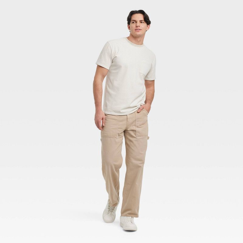 slide 3 of 3, Men's Striped Vintage Short Sleeve Pocket T-Shirt - Goodfellow & Co™ Tan Stripe L: Heavyweight Cotton, Crew Neck, Jersey Fabric, 1 ct