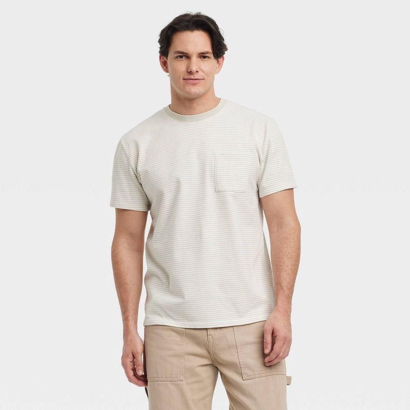 slide 1 of 3, Men's Striped Vintage Short Sleeve Pocket T-Shirt - Goodfellow & Co™ Tan Stripe L: Heavyweight Cotton, Crew Neck, Jersey Fabric, 1 ct