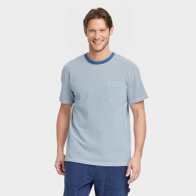 slide 1 of 3, Men's Striped Vintage Short Sleeve Pocket T-Shirt - Goodfellow & Co™ Blue Stripe S: Heavyweight Cotton, Crew Neck, Jersey Fabric, 1 ct