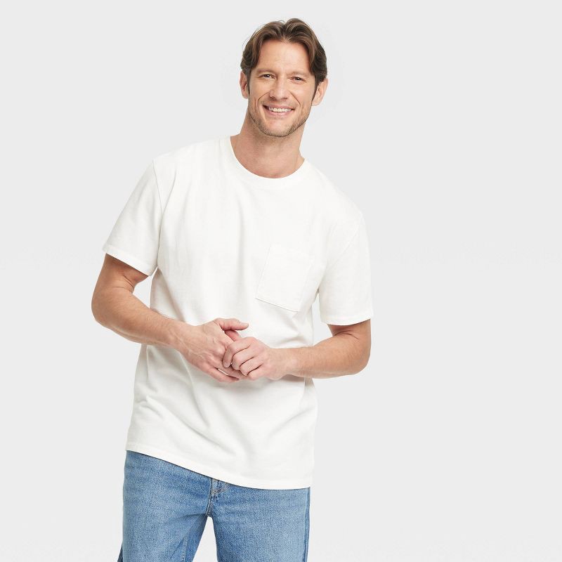 slide 1 of 3, Men's Vintage Short Sleeve Pocket T-Shirt - Goodfellow & Co™ White S: Heavyweight Cotton Crew Neck, Pullover, 1 ct