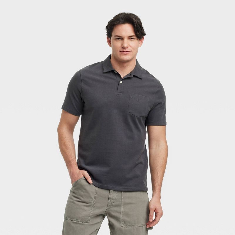 slide 1 of 3, Men's Vintage Polo Shirt - Goodfellow & Co™ Charcoal Gray M: 100% Cotton, Midweight Jersey, Standard Fit, Shrink-Resistant, 1 ct
