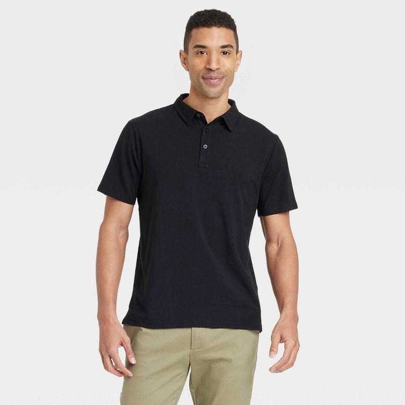 slide 1 of 3, Men's Comfort Wear Polo Shirt - Goodfellow & Co™ Black L: Cotton Modal Blend, Short Sleeve, 1 ct