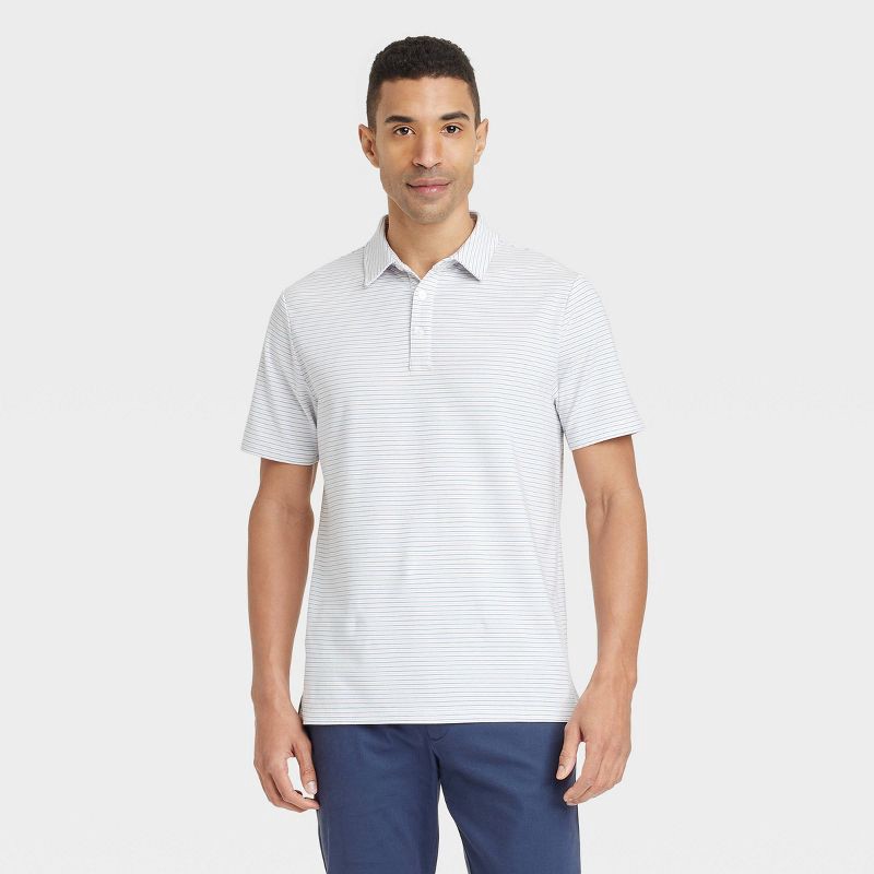 slide 1 of 3, Men's Comfort Wear Striped Polo Shirt - Goodfellow & Co™ White S: Midweight Jersey, Short Sleeve, 1 ct
