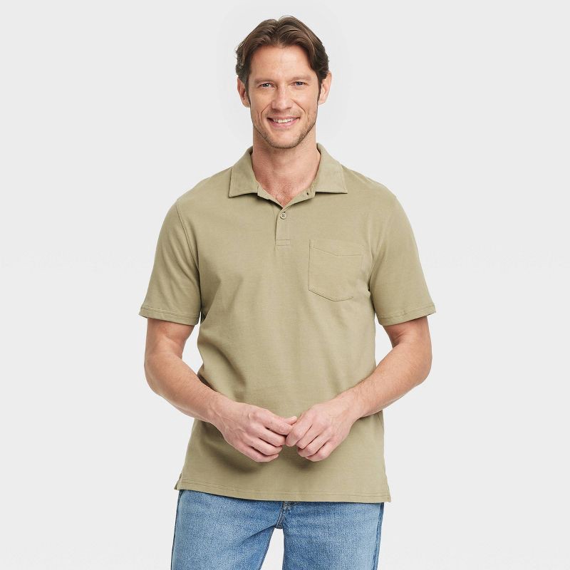 slide 1 of 3, Men's Vintage Polo Shirt - Goodfellow & Co™ Olive Green XXL: Cotton Midweight, Standard Fit, Short Sleeve, Shrink-Resistant, 1 ct