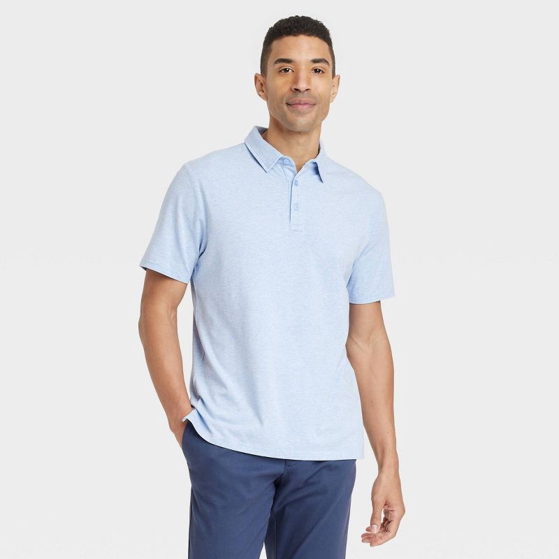 slide 1 of 3, Men's Comfort Wear Polo Shirt - Goodfellow & Co™ Heathered Blue M: Cotton-Modal Blend, Midweight Jersey, 1 ct