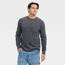 Men's Vintage Long Sleeve Pocket T-Shirt - Goodfellow & Co™ Gray L: Heavyweight Cotton Crew Pullover