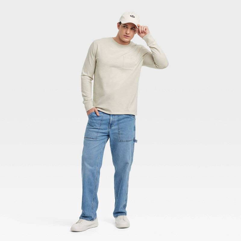 slide 3 of 3, Men's Vintage Long Sleeve Pocket T-Shirt - Goodfellow & Co™ Light Beige M: Heavyweight Cotton Crew Neck, 1 ct