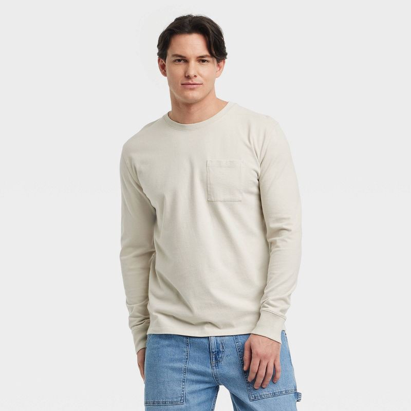 slide 1 of 3, Men's Vintage Long Sleeve Pocket T-Shirt - Goodfellow & Co™ Light Beige M: Heavyweight Cotton Crew Neck, 1 ct