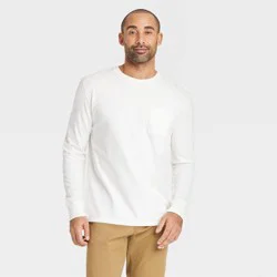 Men's Vintage Long Sleeve Pocket T-Shirt - Goodfellow & Co™ White L: Heavyweight Cotton Crew Neck, Machine Washable