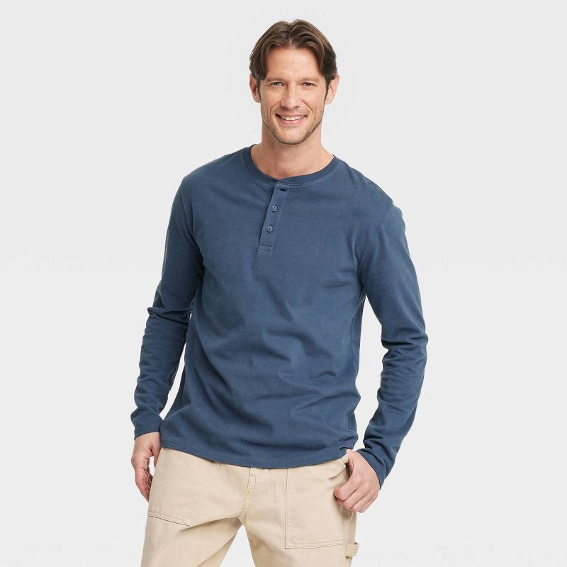 slide 1 of 3, Men's Vintage Long Sleeve Henley Shirt - Goodfellow & Co™ Navy Blue XL: Cotton, Midweight, Pullover, Shrink-Resistant, 1 ct