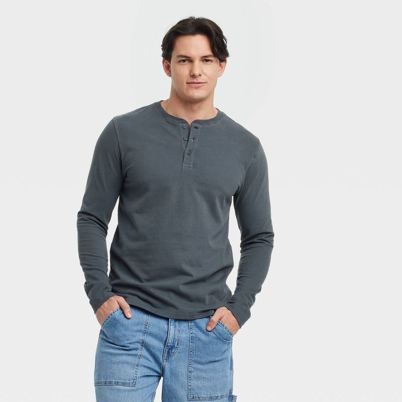 slide 1 of 3, Men's Vintage Long Sleeve Henley Shirt - Goodfellow & Co™ Charcoal Gray S: 100% Cotton, Midweight Jersey, Standard Fit, Machine Washable, 1 ct